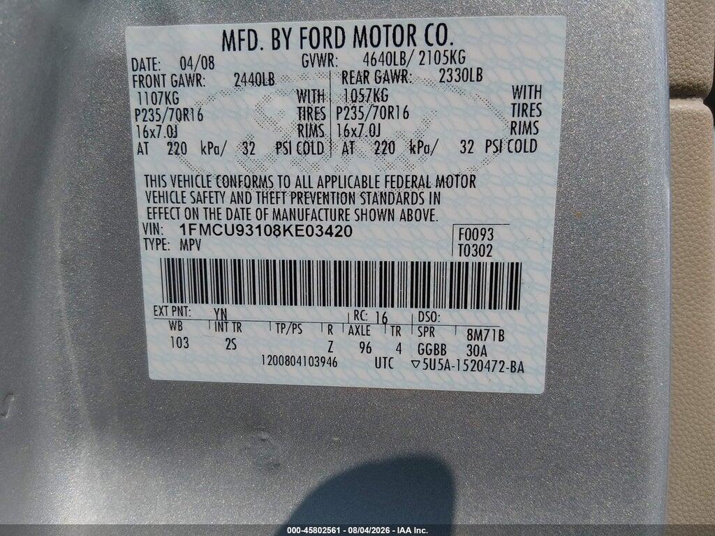 1FMCU93108KE03420 2008 FORD ESCAPE photo no. 9