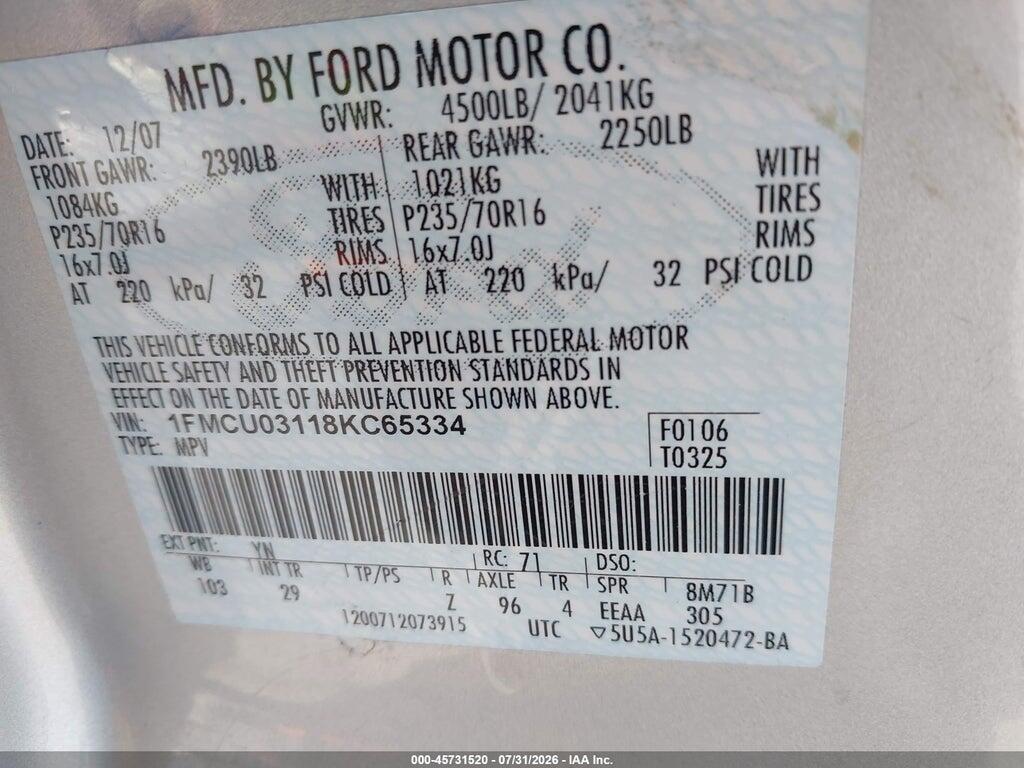 1FMCU03118KC65334 2008 FORD ESCAPE photo no. 9
