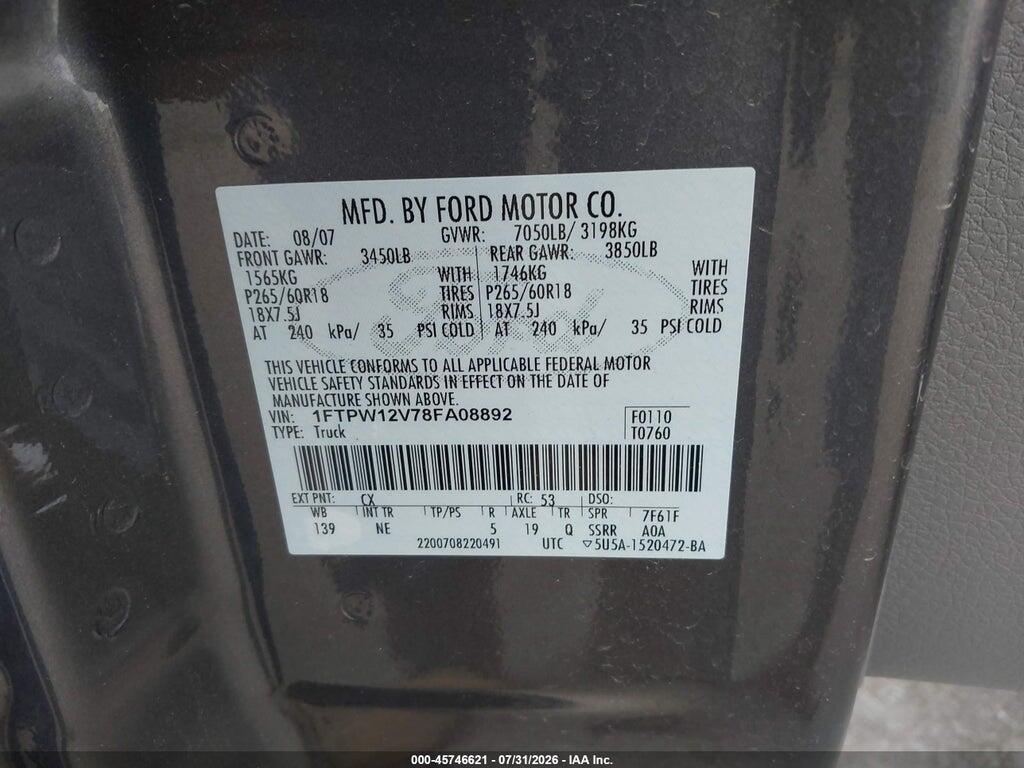 1FTPW12V78FA08892 2008 FORD F-150 photo no. 9
