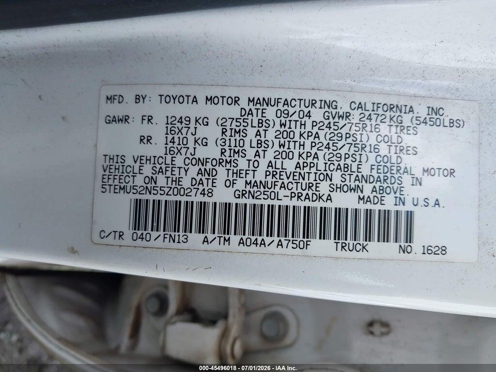 5TEMU52N55Z002748 2005 TOYOTA TACOMA photo no. 9