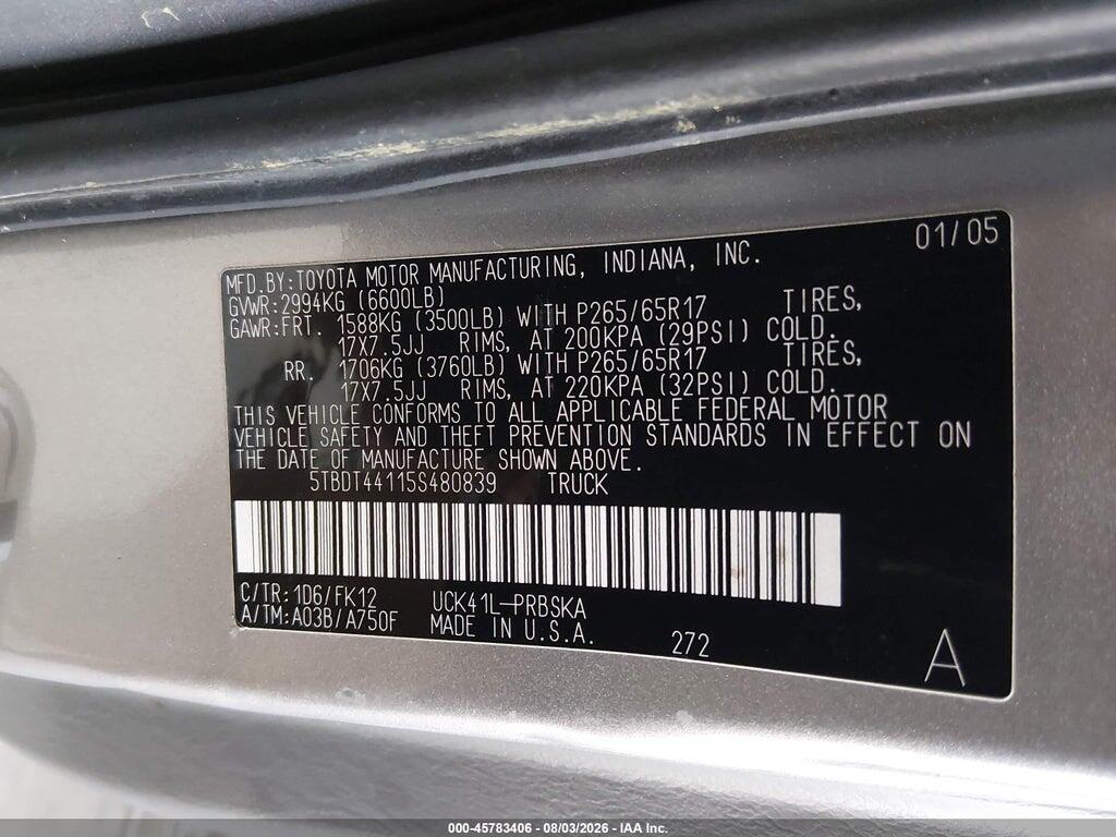5TBDT44115S480839 2005 TOYOTA TUNDRA photo no. 9