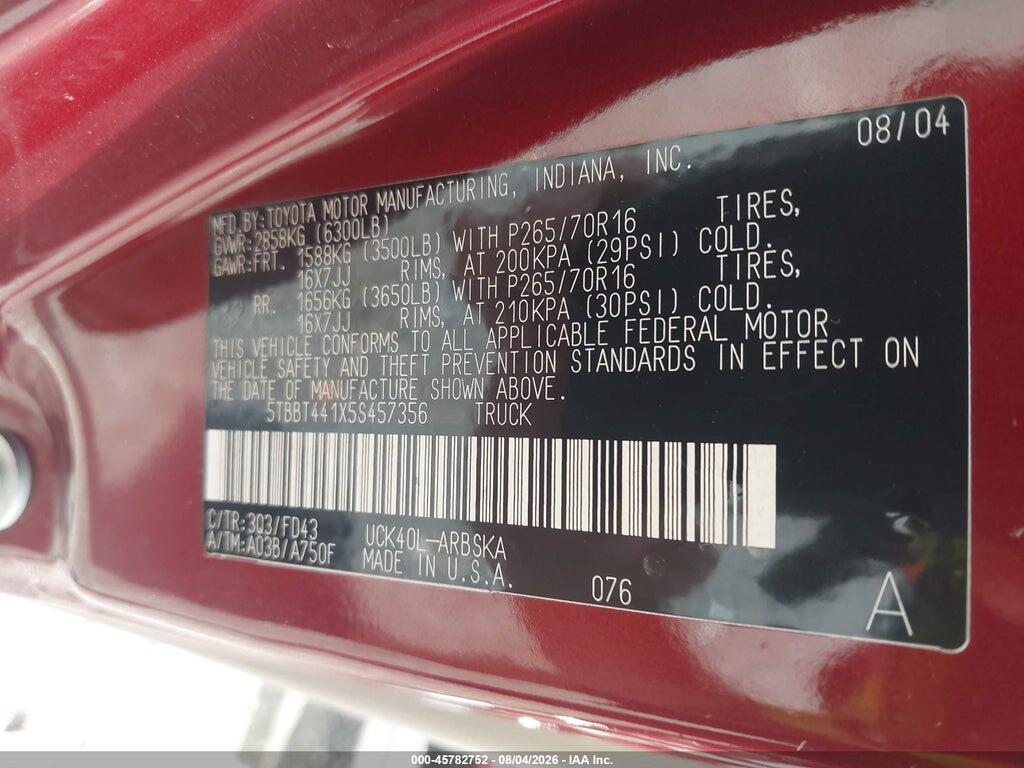 5TBBT441X5S457356 2005 TOYOTA TUNDRA photo no. 9
