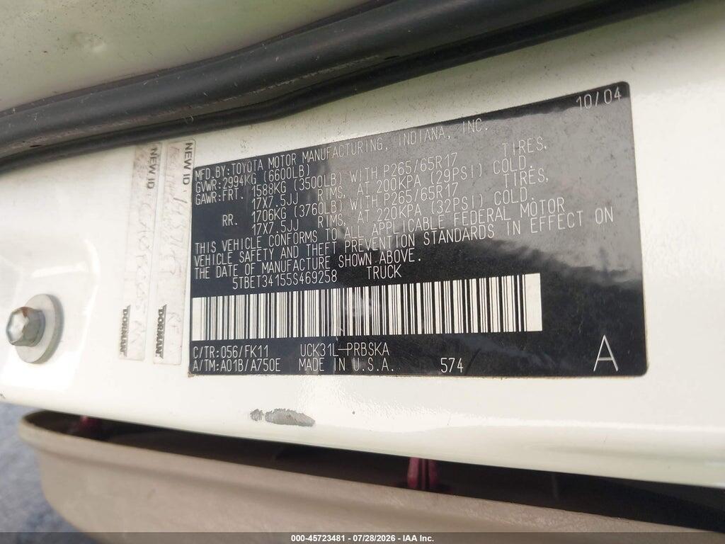 5TBET34155S469258 2005 TOYOTA TUNDRA photo no. 9