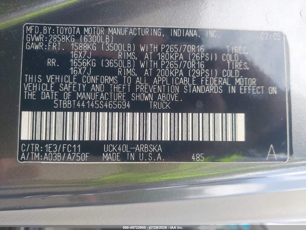 5TBBT44145S465694 2005 TOYOTA TUNDRA photo no. 9