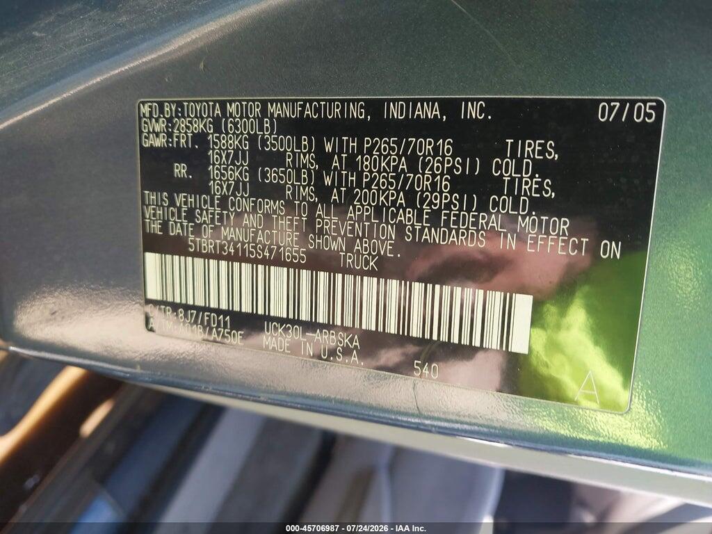 5TBRT34115S471655 2005 TOYOTA TUNDRA photo no. 9