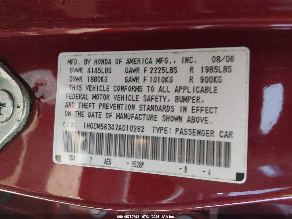 1HGCM56347A010262 2007 HONDA ACCORD photo no. 9