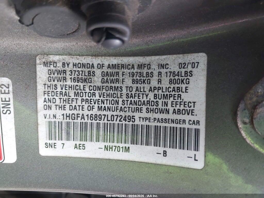 1HGFA16897L072495 2007 HONDA CIVIC photo no. 9