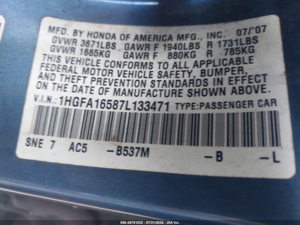 1HGFA16587L133471 2007 HONDA CIVIC photo no. 9