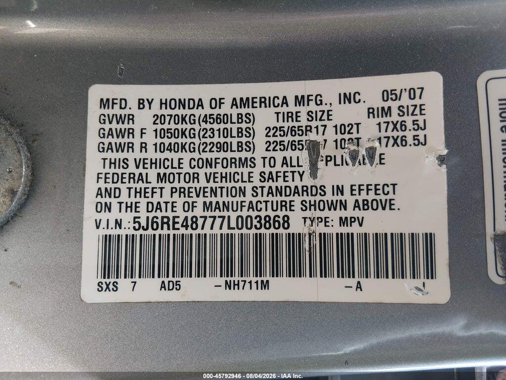 5J6RE48777L003868 2007 HONDA CR-V photo no. 9