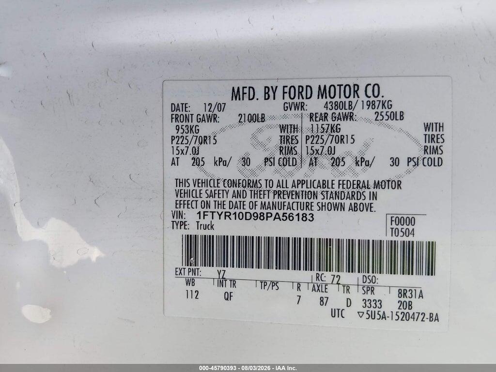 1FTYR10D98PA56183 2008 FORD RANGER photo no. 9