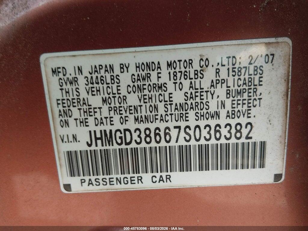 JHMGD38667S036382 2007 HONDA FIT photo no. 9