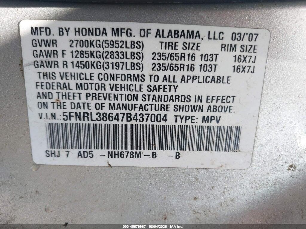 5FNRL38647B437004 2007 HONDA ODYSSEY photo no. 9
