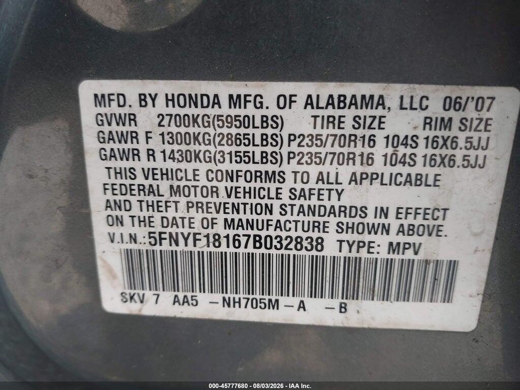 5FNYF18167B032838 2007 HONDA PILOT photo no. 9