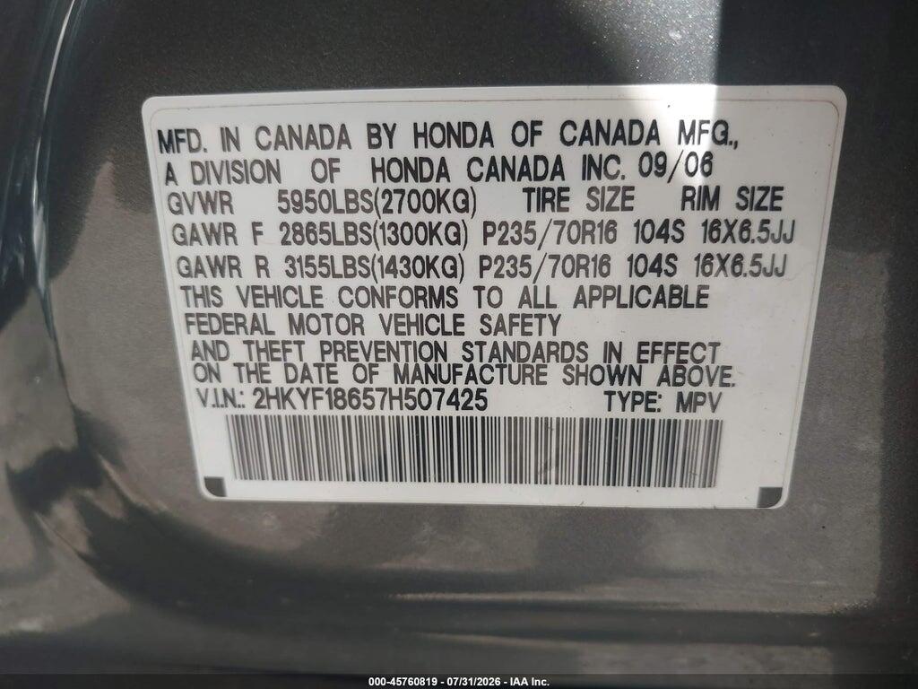 2HKYF18657H507425 2007 HONDA PILOT photo no. 9