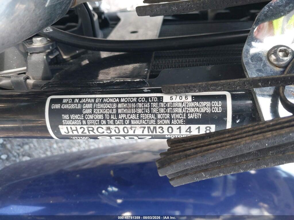 JH2RC50077M301418 2007 HONDA VT750 photo no. 10
