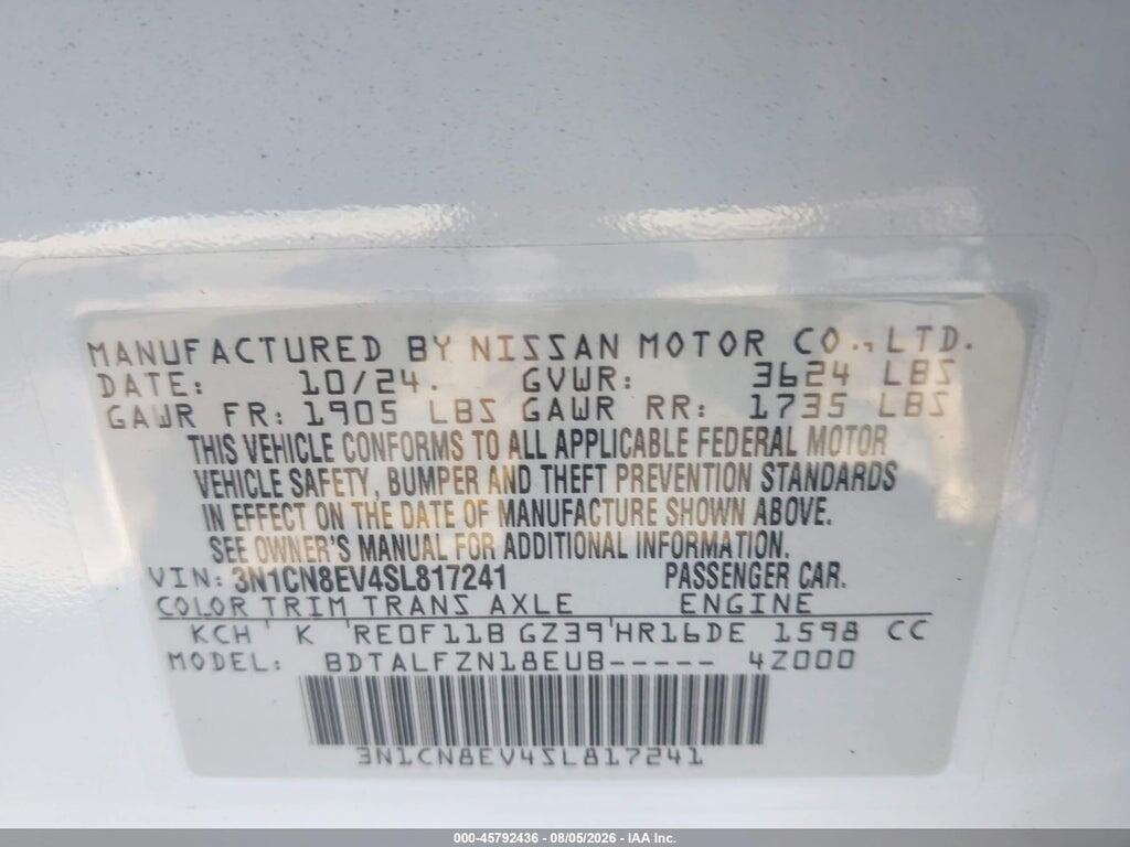 3N1CN8EV4SL817241 2025 NISSAN VERSA photo no. 9
