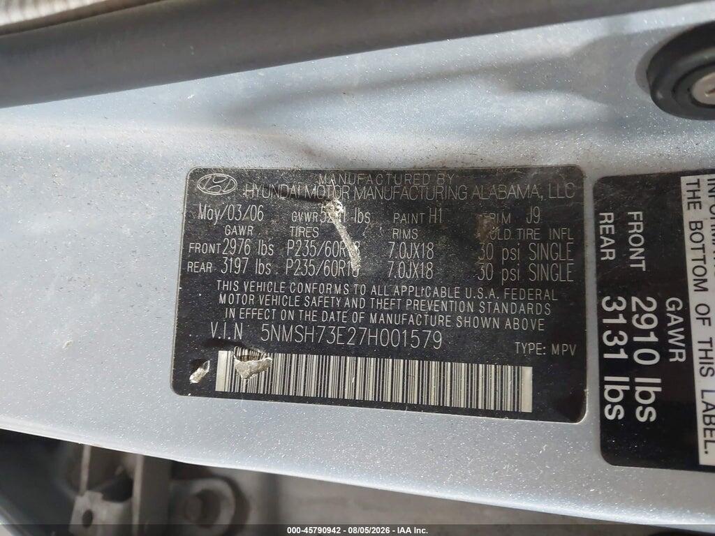 5NMSH73E27H001579 2007 HYUNDAI SANTA FE photo no. 9