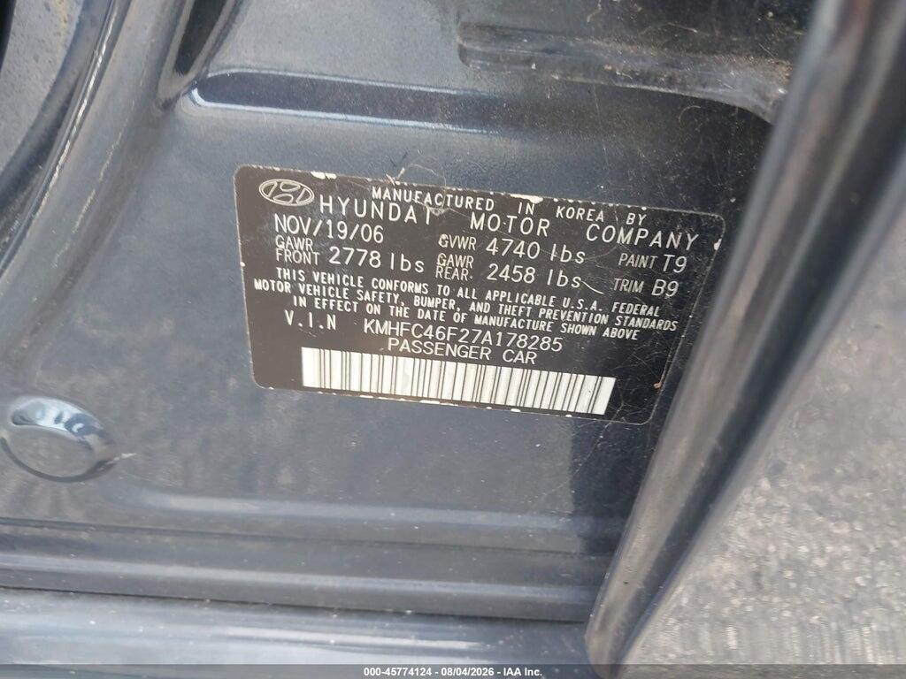 KMHFC46F27A178285 2007 HYUNDAI AZERA photo no. 9