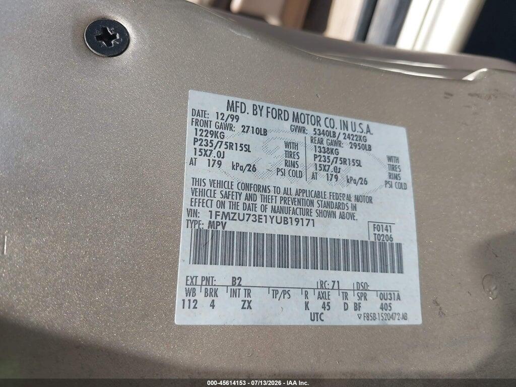 1FMZU73E1YUB19171 2000 FORD EXPLORER photo no. 9