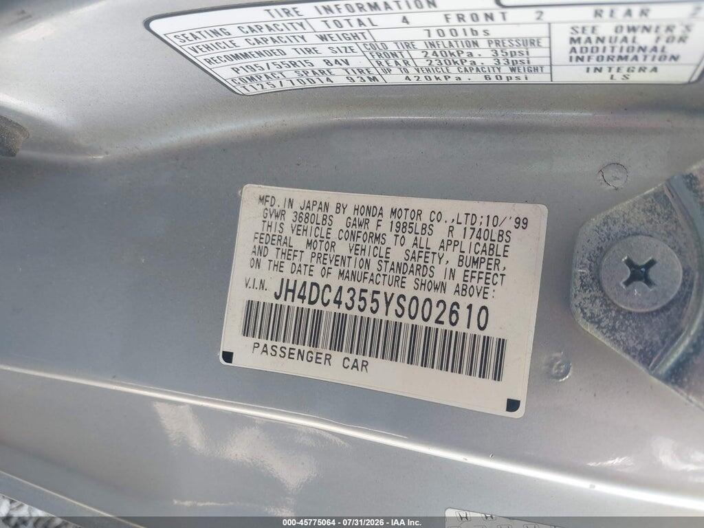 JH4DC4355YS002610 2000 ACURA INTEGRA photo no. 9