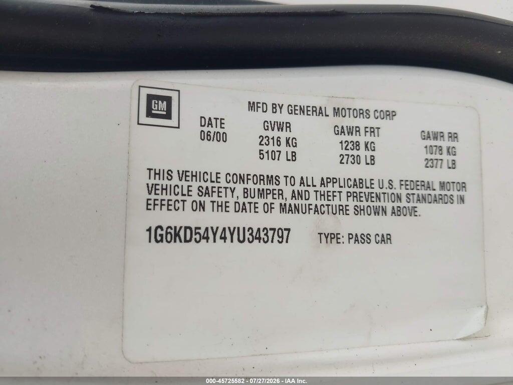1G6KD54Y4YU343797 2000 CADILLAC DEVILLE photo no. 9