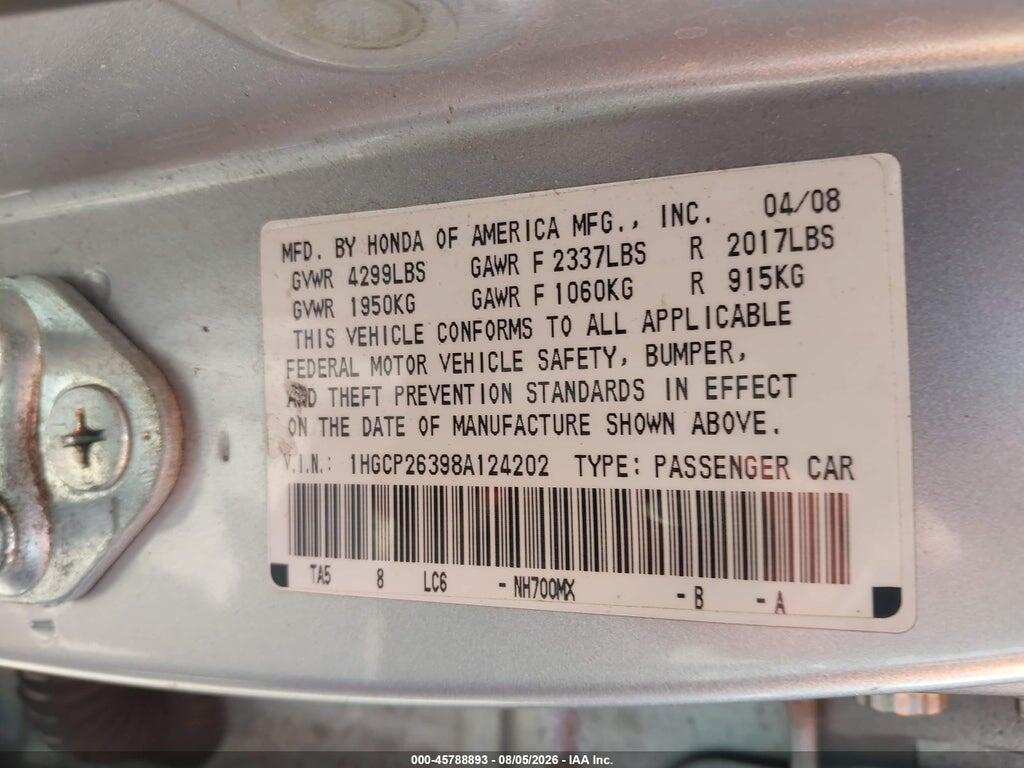 1HGCP26398A124202 2008 HONDA ACCORD photo no. 9