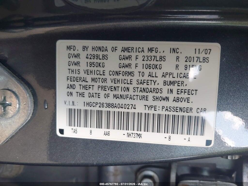 1HGCP26388A040274 2008 HONDA ACCORD photo no. 9