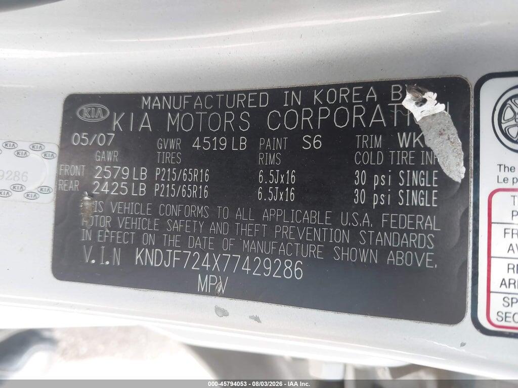 KNDJF724X77429286 2007 KIA SPORTAGE photo no. 9