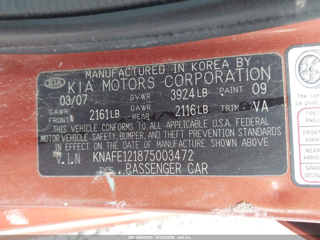 KNAFE121875003472 2007 KIA SPECTRA photo no. 9