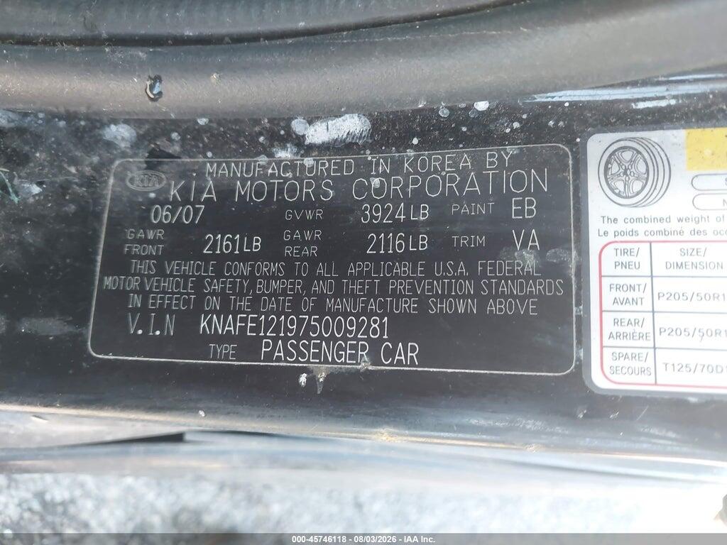 KNAFE121975009281 2007 KIA SPECTRA photo no. 9