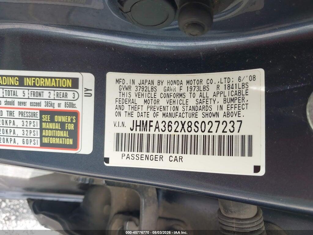 JHMFA362X8S027237 2008 HONDA CIVIC HYBRID photo no. 9