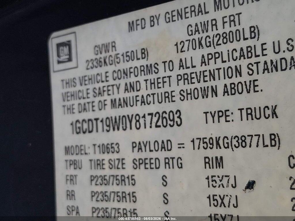 1GCDT19W0Y8172693 2000 CHEVROLET S-10 photo no. 9