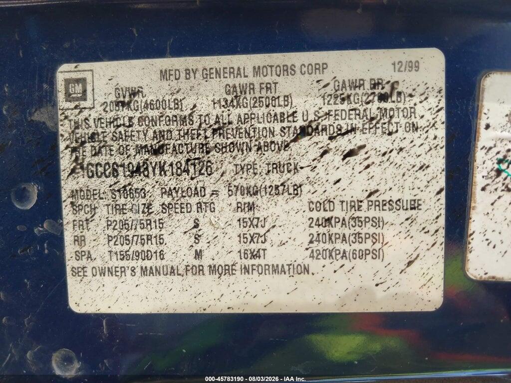 1GCCS1943YK184126 2000 CHEVROLET S-10 photo no. 9