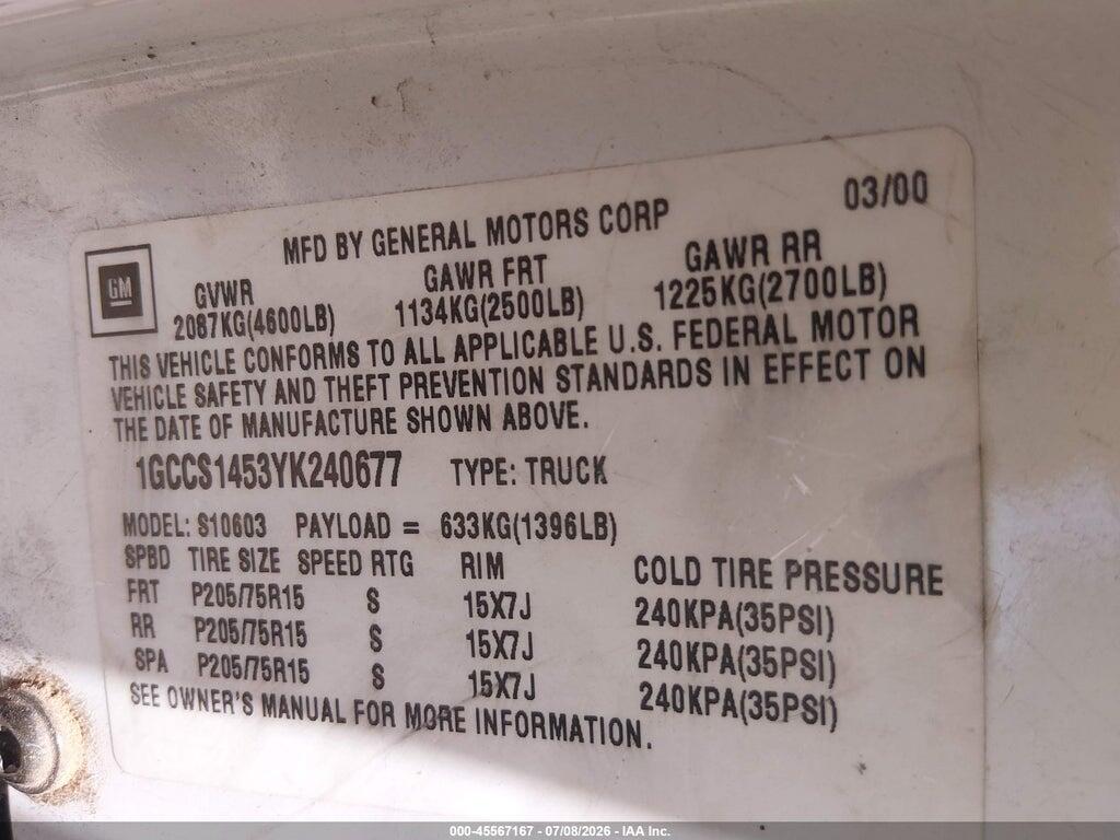 1GCCS1453YK240677 2000 CHEVROLET S-10 photo no. 9