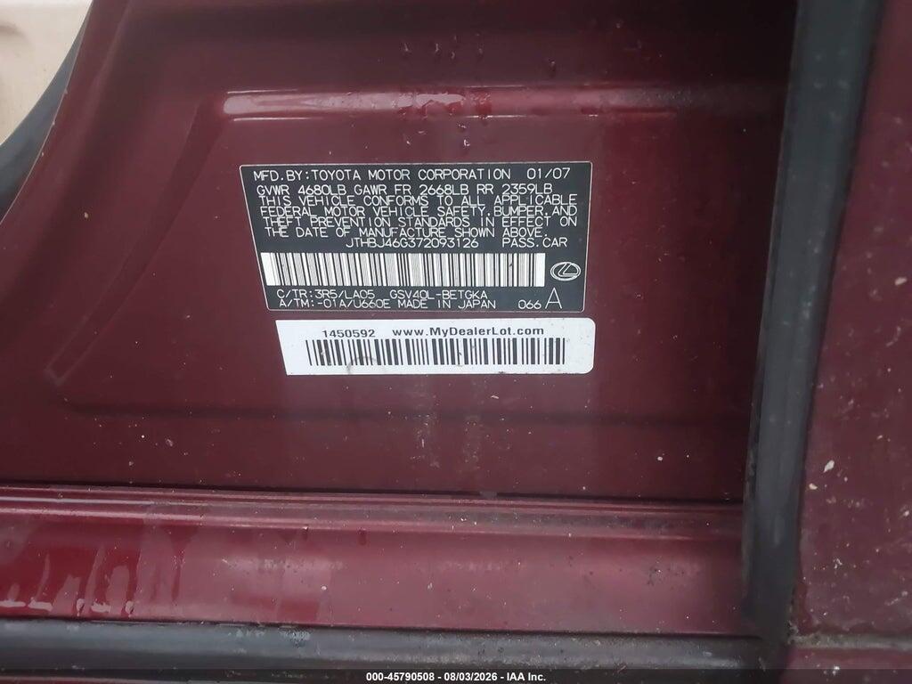 JTHBJ46G372093126 2007 LEXUS ES 350 photo no. 9