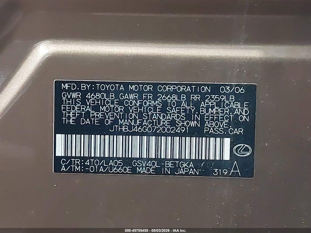 JTHBJ46G072002491 2007 LEXUS ES 350 photo no. 9