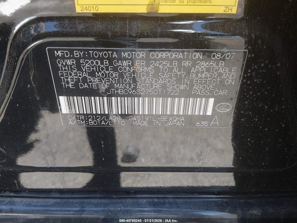JTHBC96S275011722 2007 LEXUS GS 450H photo no. 9