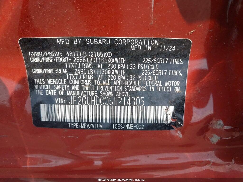 JF2GUHDC0SH214305 2025 SUBARU CROSSTREK photo no. 9