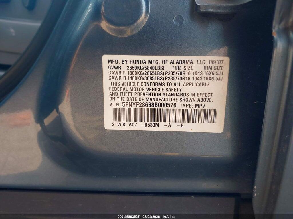 5FNYF28638B000576 2008 HONDA PILOT photo no. 9