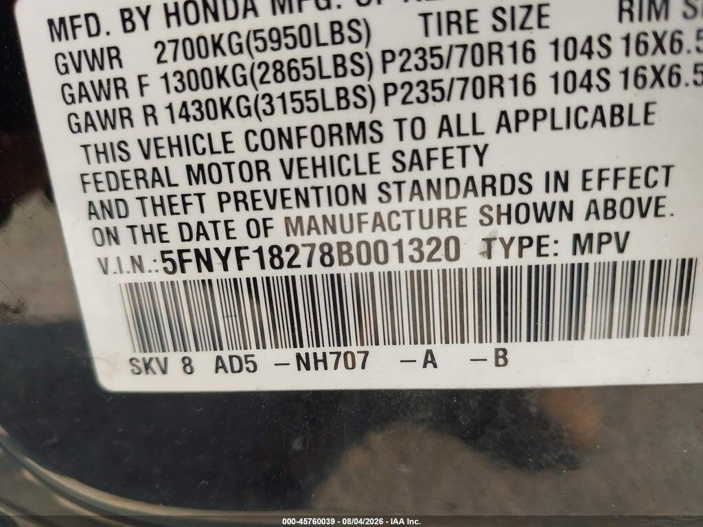 5FNYF18278B001320 2008 HONDA PILOT photo no. 9