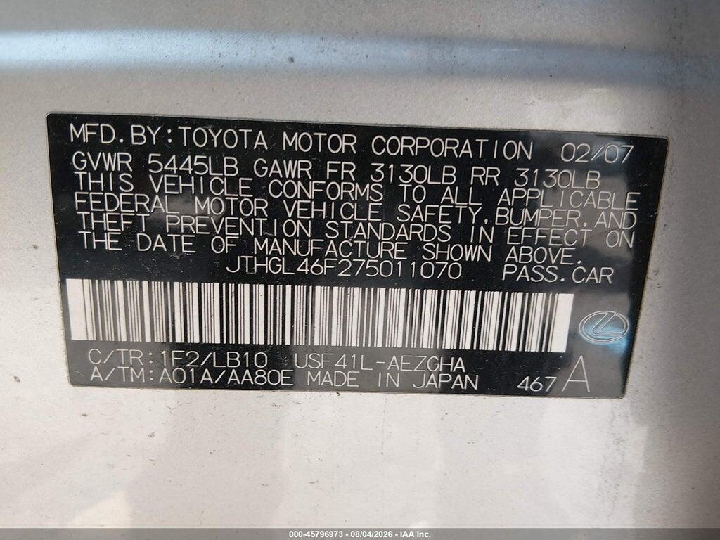 JTHGL46F275011070 2007 LEXUS LS 460 photo no. 9