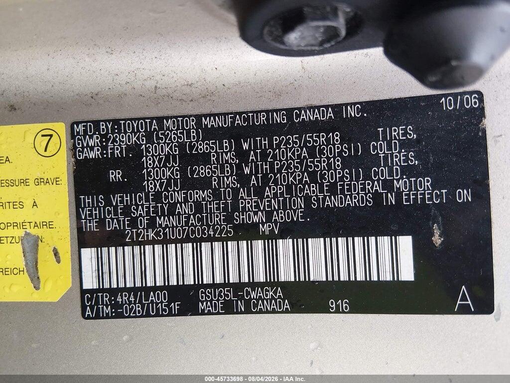 2T2HK31U07C034225 2007 LEXUS RX 350 photo no. 9