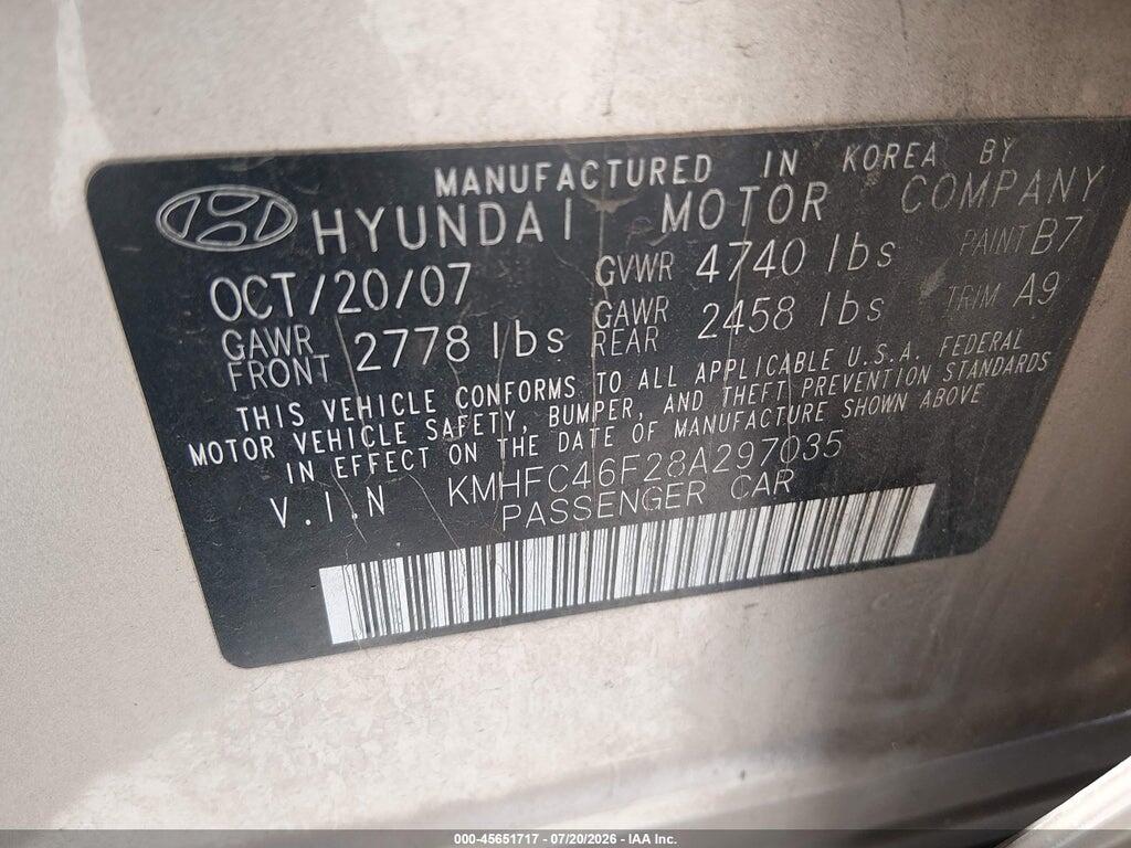 KMHFC46F28A297035 2008 HYUNDAI AZERA photo no. 9
