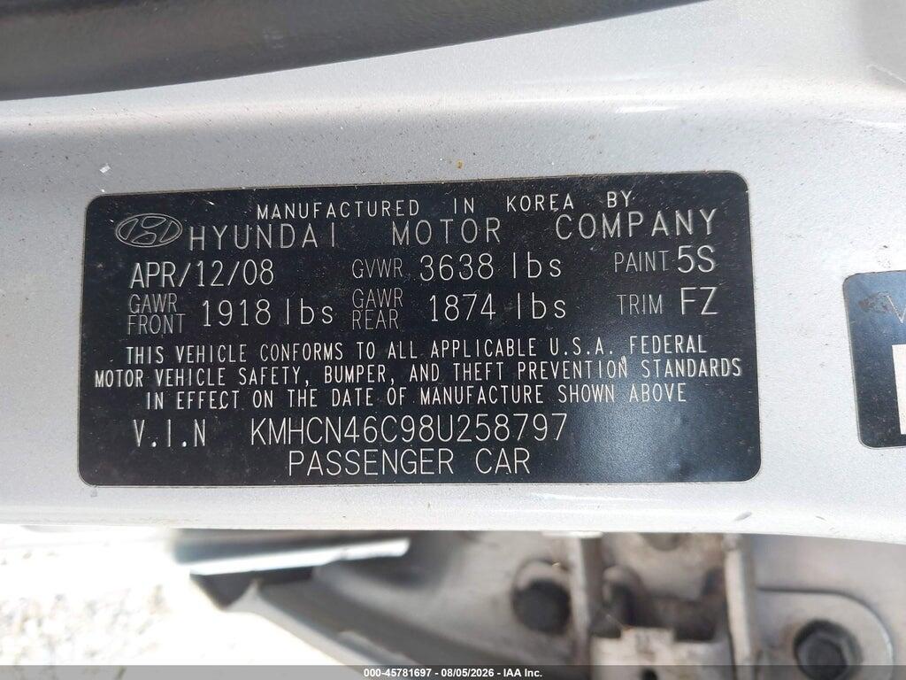 KMHCN46C98U258797 2008 HYUNDAI ACCENT photo no. 9