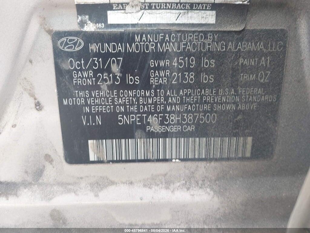 5NPET46F38H387500 2008 HYUNDAI SONATA photo no. 9