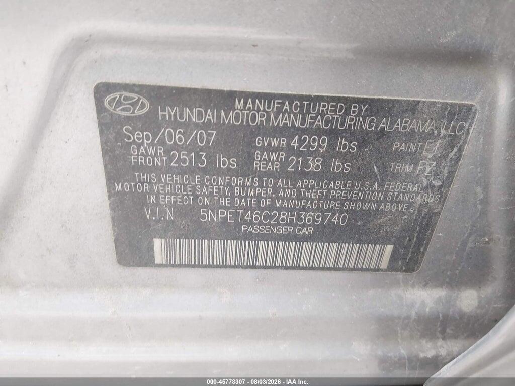 5NPET46C28H369740 2008 HYUNDAI SONATA photo no. 9
