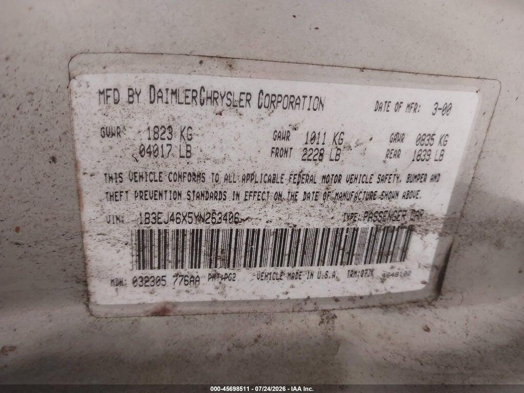1B3EJ46X5YN263406 2000 DODGE STRATUS photo no. 9