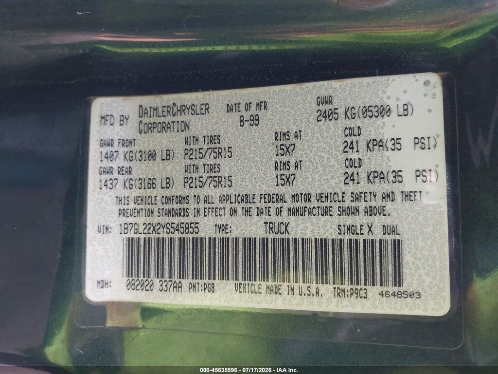 1B7GL22X2YS545855 2000 DODGE DAKOTA photo no. 9