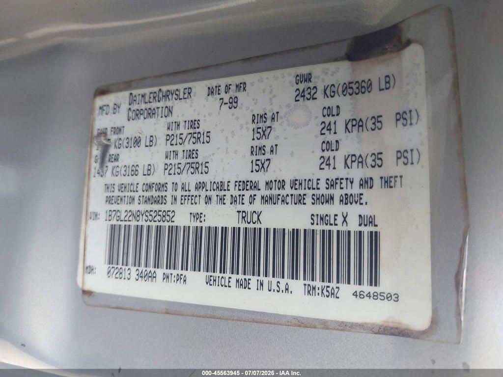 1B7GL22N8YS525852 2000 DODGE DAKOTA photo no. 9