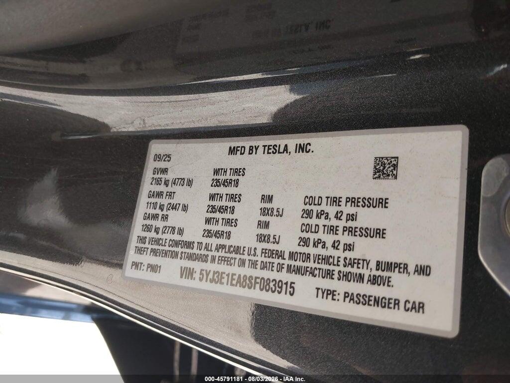 5YJ3E1EA8SF083915 2025 TESLA MODEL 3 photo no. 9